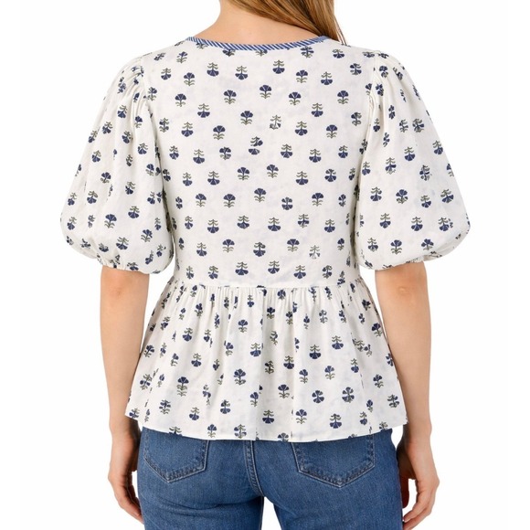&Merci Puff Sleeve Peplum Blouse Women's Size L Blue Boho Floral Print Tie Neck - Picture 2 of 8